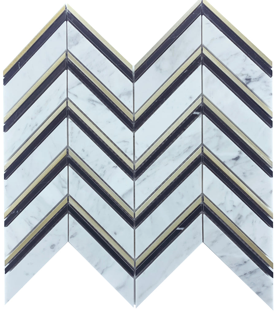 CHEVRON CARRARA + NERO + GOLD HONED SHEET SIZE 302X300X8MM - CHEVRON CARRARA+NERO+GOLD -03