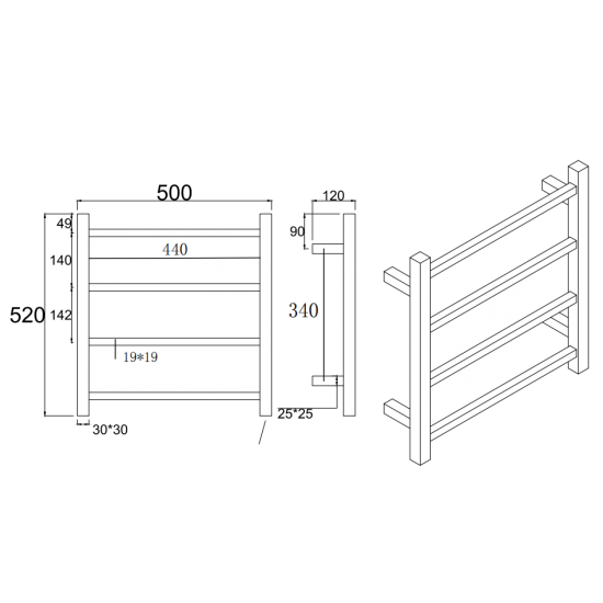 Brushed Gun Metal Grey Square Electric Heated Towel Rack 4 Bars