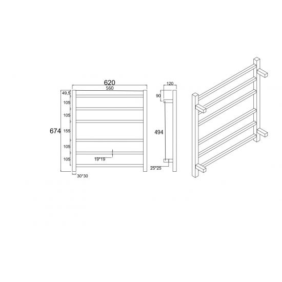 Brushed Gun Metal Grey Square Electric Heated Towel Rack 6 Bars