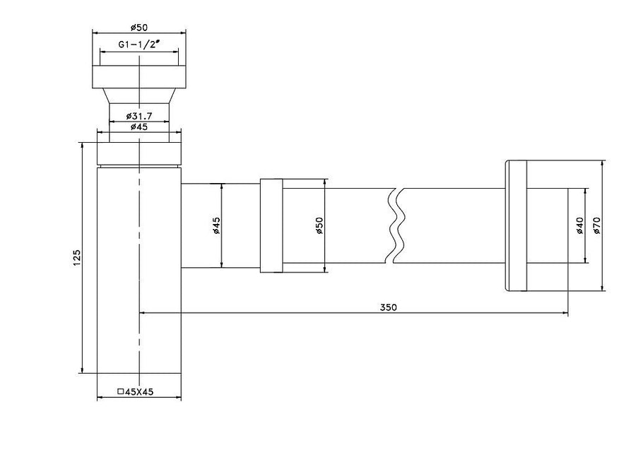 Bottle Trap Square Black 32/40mm Waste, 40mm Connection