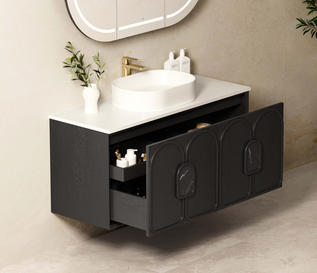 Laguna 1200mm Black American Oak Wall Hung Vanity with Pure White Top