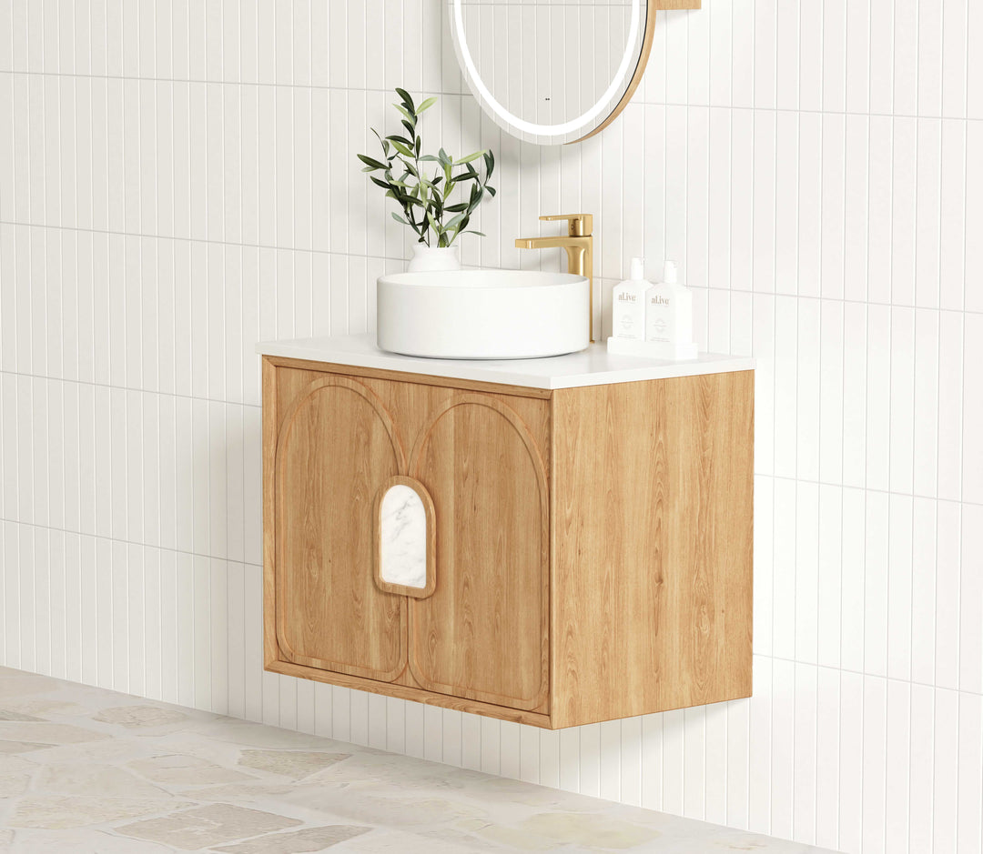 Laguna 600mm Natural American Oak Wall Hung Vanity with Pure White Top