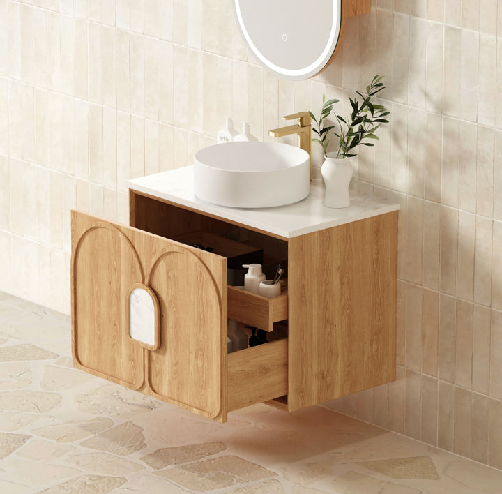 Laguna 600mm Natural American Oak Wall Hung Vanity with Pure White Top