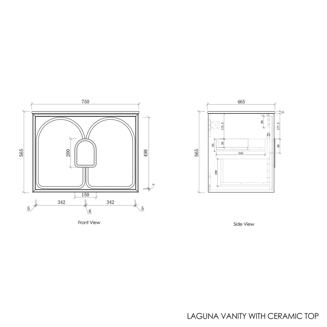 Laguna 750mm Black American Oak Wall Hung Vanity with Ceramic Top