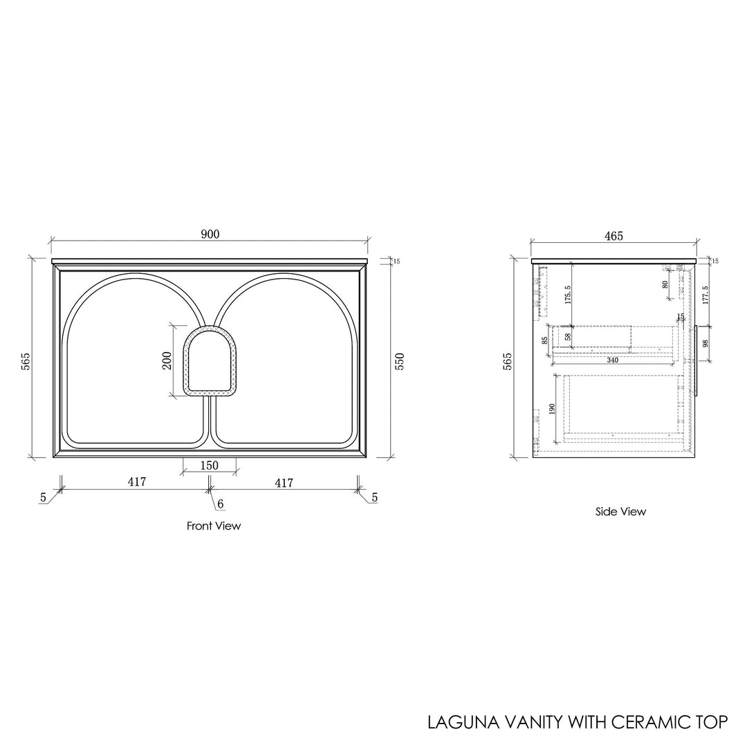 Laguna 900mm Black American Oak Wall Hung Vanity with Ceramic Top