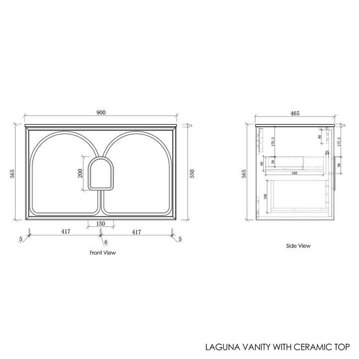 Laguna 900mm Black American Oak Wall Hung Vanity with Ceramic Top