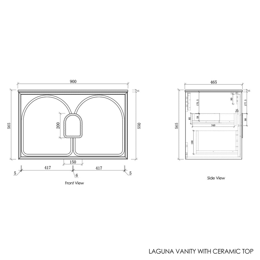 Laguna 900mm Black American Oak Wall Hung Vanity with Ceramic Top