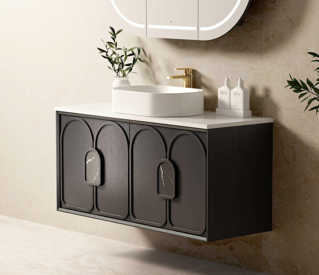 Laguna 1200mm Black American Oak Wall Hung Vanity with Natural Carrara Marble Top