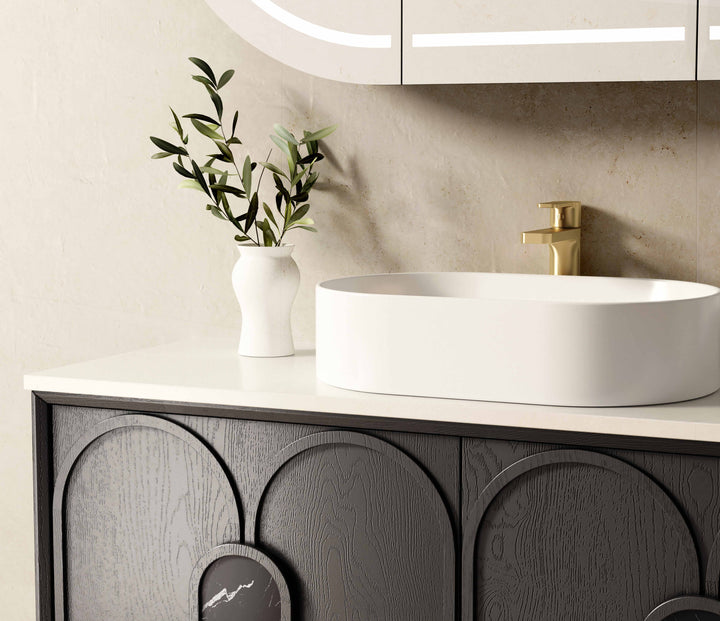 Laguna 1200mm Black American Oak Wall Hung Vanity with Natural Carrara Marble Top