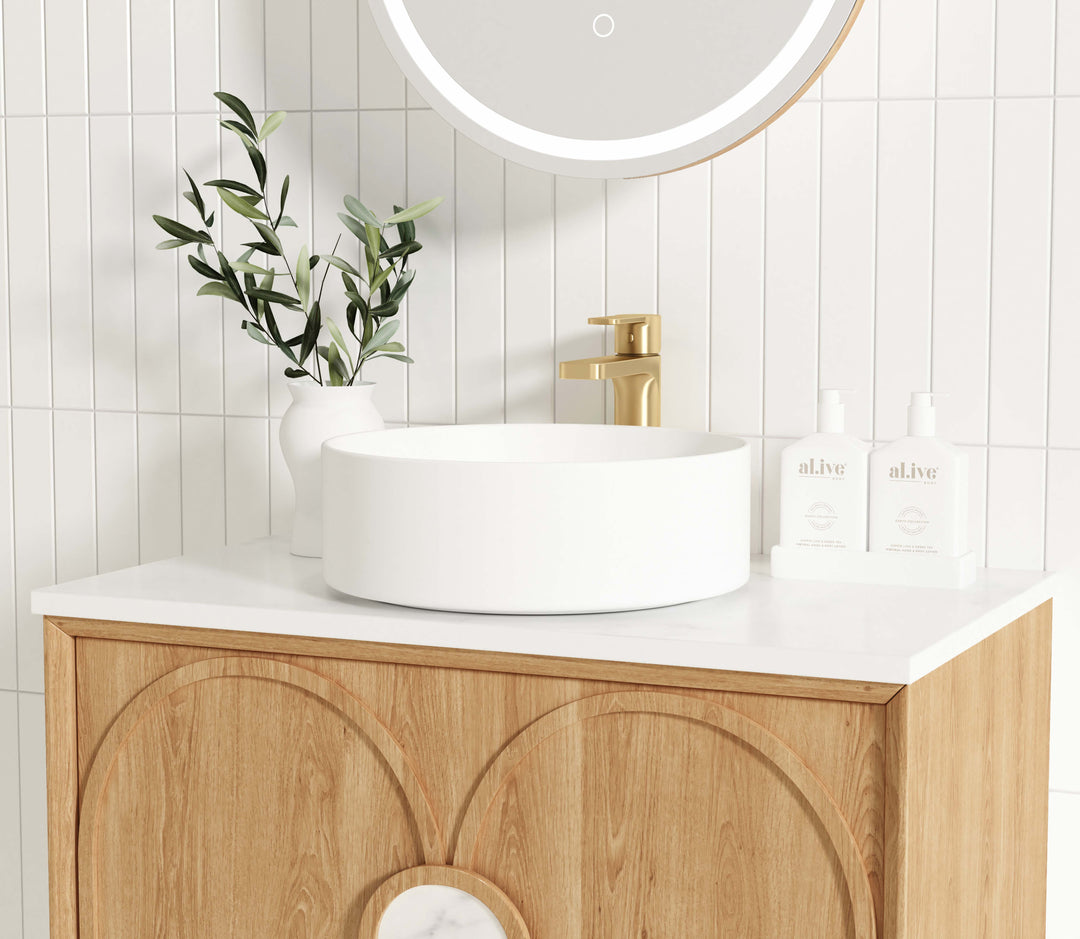 Laguna 750mm Natural American Oak Wall Hung Vanity with Natural Carrara Marble Top