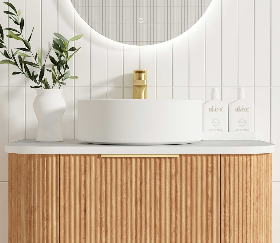 Bondi 750mm Woodland Oak Fluted Curve Vanity with Pure White Top