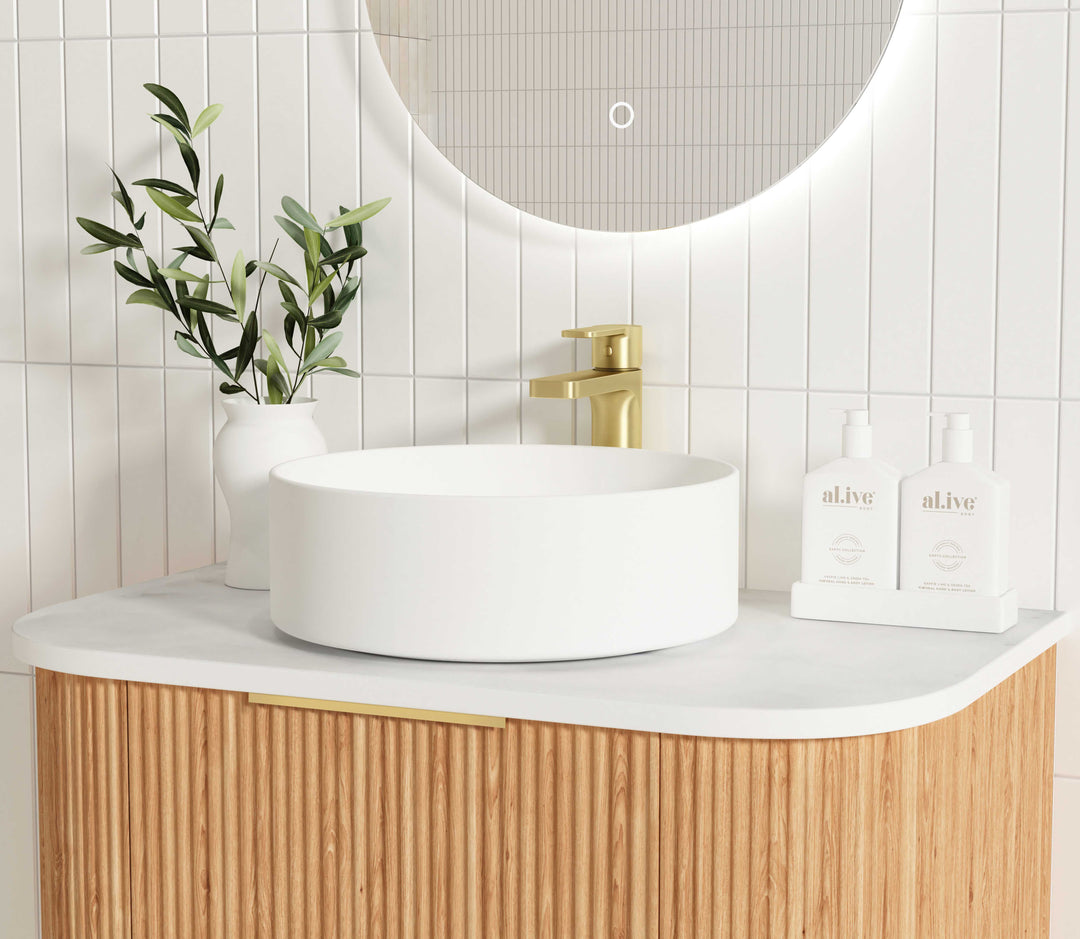 Bondi 750mm Woodland Oak Fluted Curve Vanity with Cloudy Carrara Top