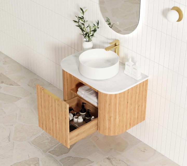 Bondi 750mm Woodland Oak Fluted Curve Vanity with Cloudy Carrara Top