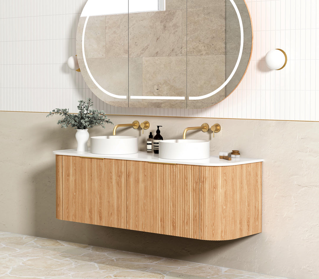 Bondi 1500mm Woodland Oak Fluted Curve Vanity with Cloudy Carrara Top