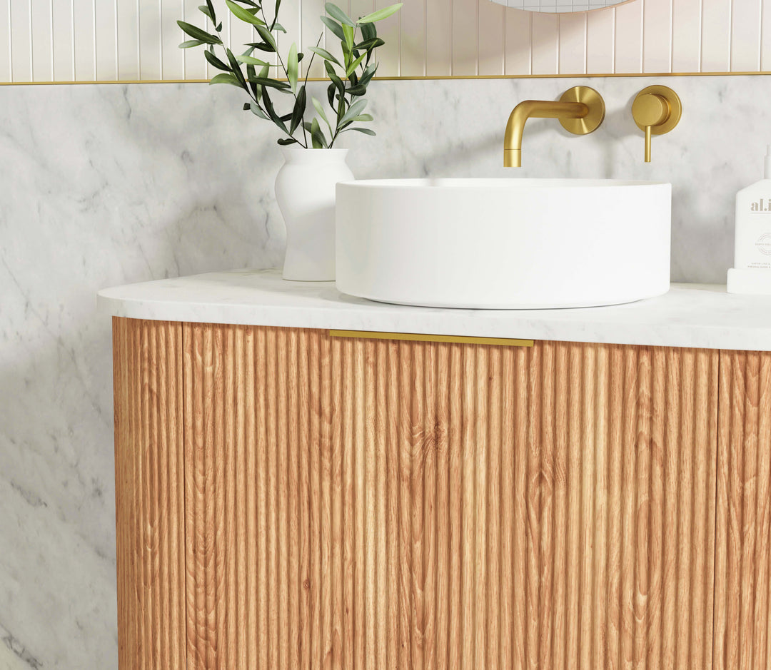 Bondi 1500mm Woodland Oak Fluted Curve Vanity with Cloudy Carrara Top