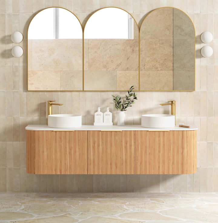 Bondi 1800mm Woodland Oak Fluted Curve Vanity with Cloudy Carrara Top