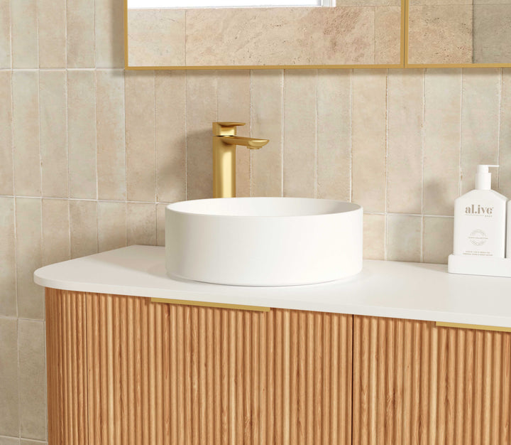 Bondi 1800mm Woodland Oak Fluted Curve Vanity with Cloudy Carrara Top