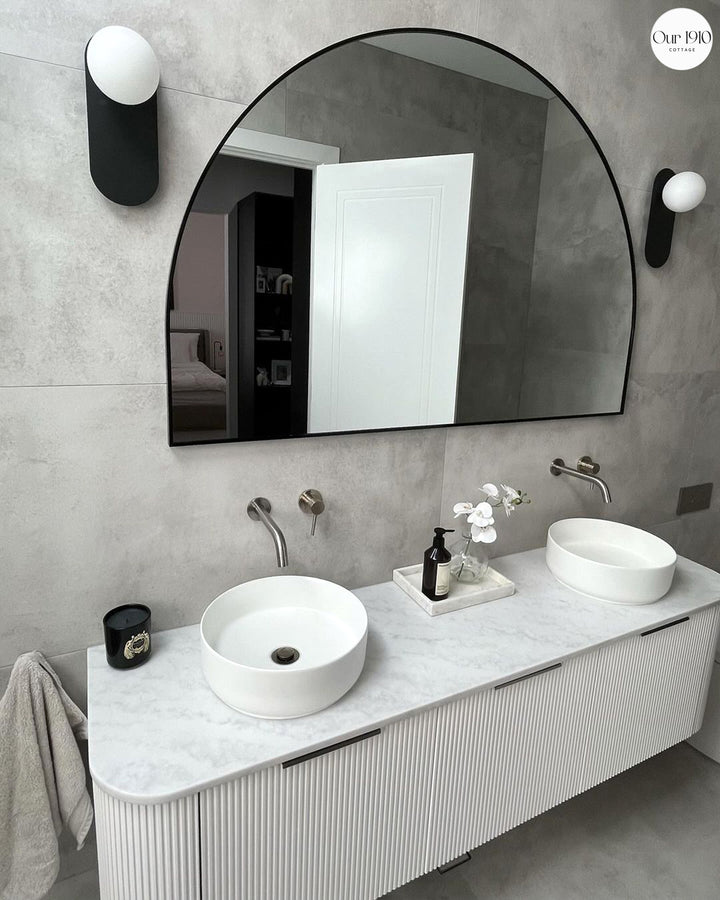 Bondi 1800mm Satin White Fluted Wall Hung Curve Vanity with Natural Carrara Marble Top