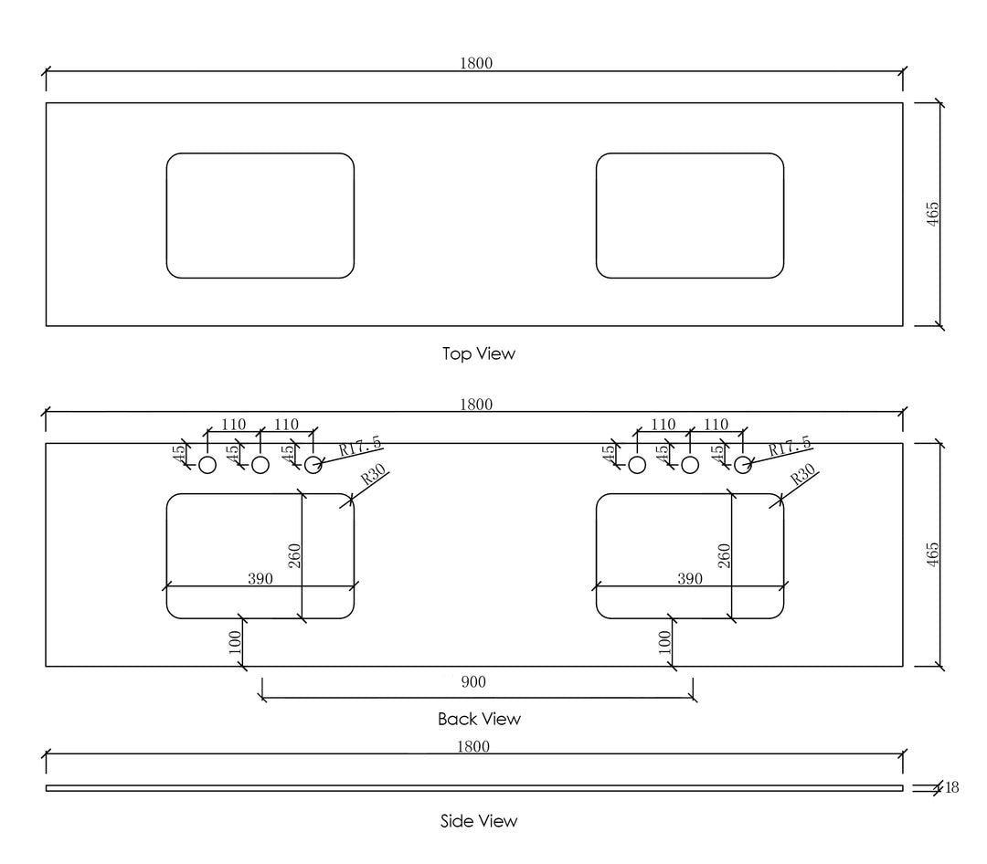 Natural Carrara Marble 1800x465x18 Top with Double Undermount Basins