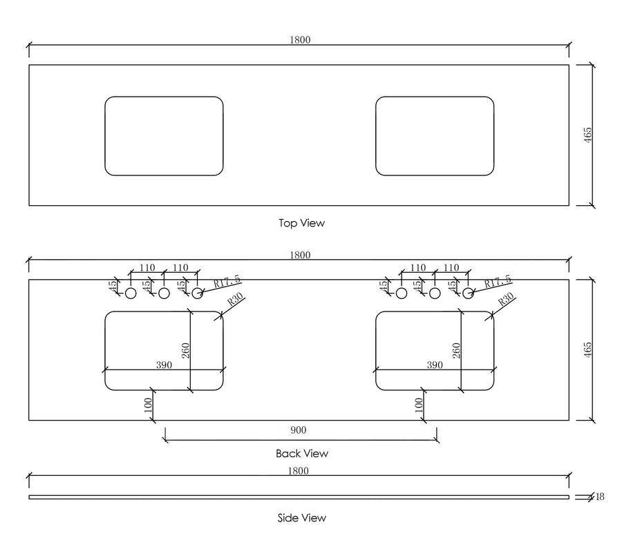 Natural Carrara Marble 1800x465x18 Top with Double Undermount Basins