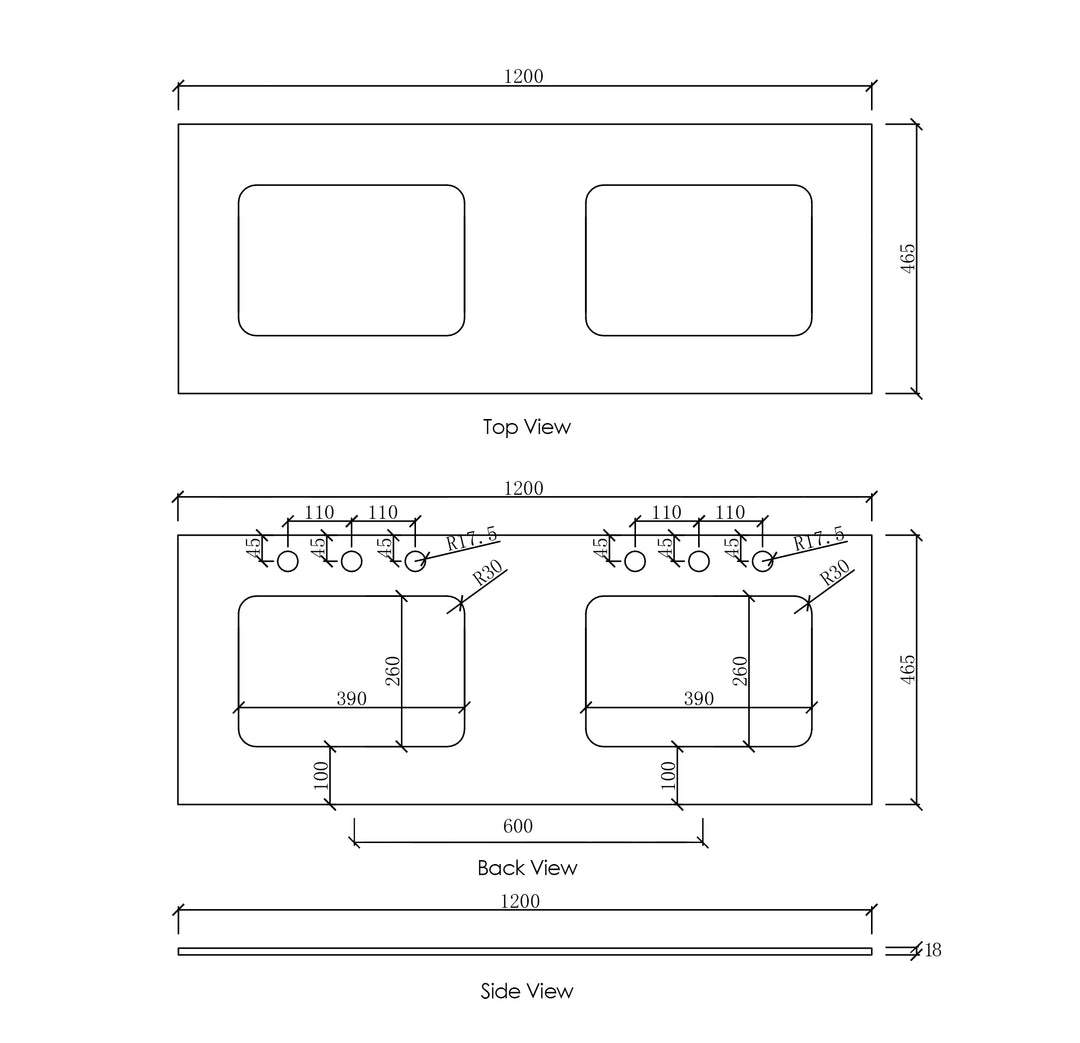 Natural Carrara Marble 1200x465x18 Top with Double Undermount Basins