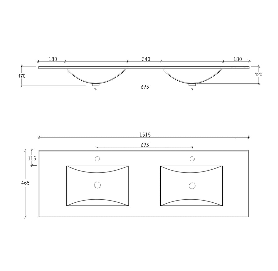 Slim Line Ceramic Top Double Bowl 1500x460x170 with Taphole & Overflow