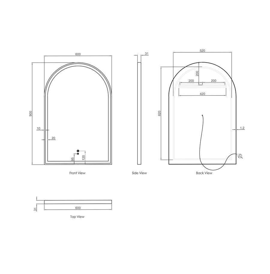 LED Archie 900x600 Black Metal Frame Mirror