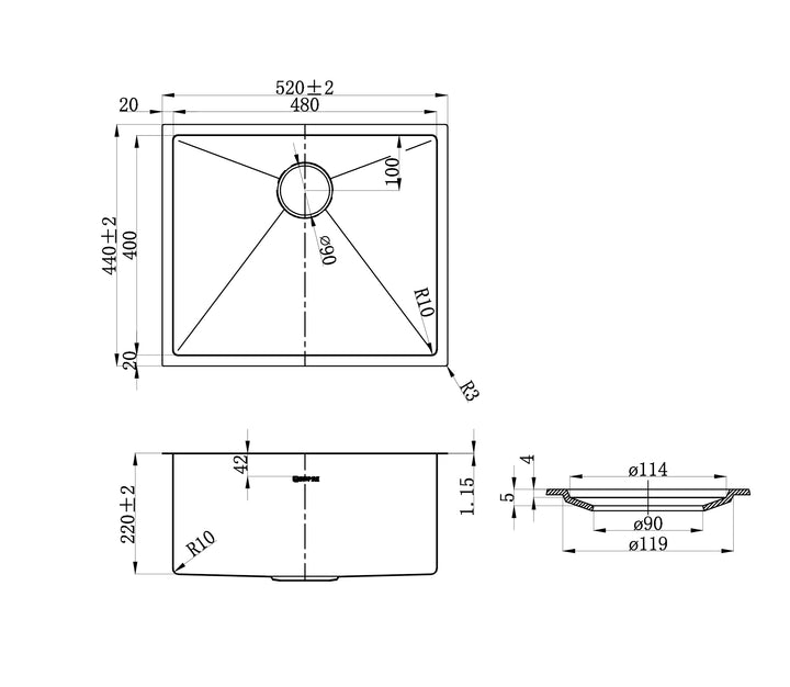 Axon Sink 52S 520x440x220 Brushed Gold