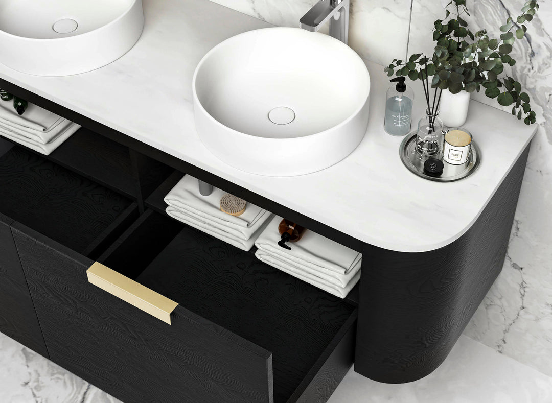 Bondi 1500mm Black Oak Wall Hung Curve Vanity with Cloudy Carrara Top