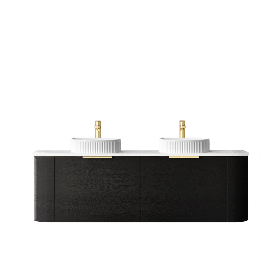 Bondi 1500mm Black Oak Wall Hung Curve Vanity with Cloudy Carrara Top