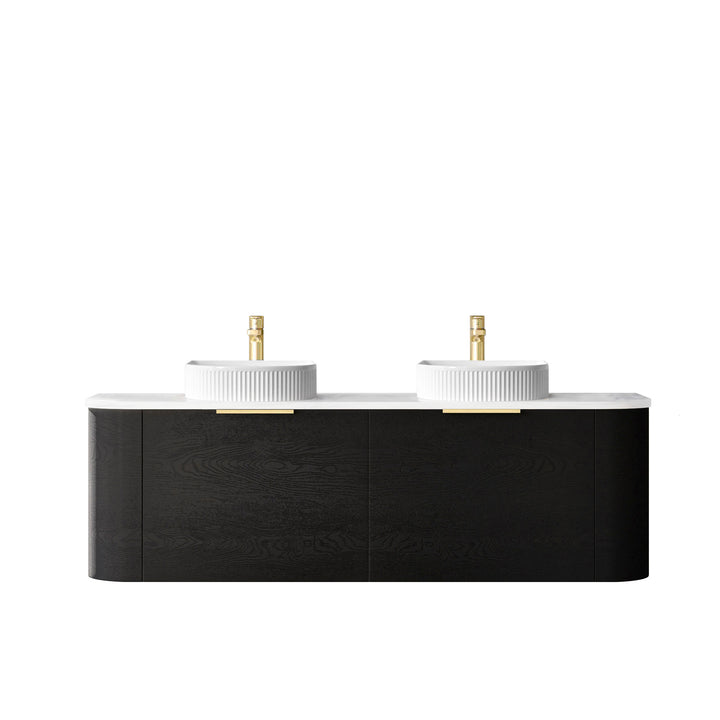 Bondi 1500mm Black Oak Wall Hung Curve Vanity with Cloudy Carrara Top