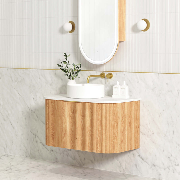 Bondi 900mm Woodland Oak Fluted Curve Vanity with Cloudy Carrara Top