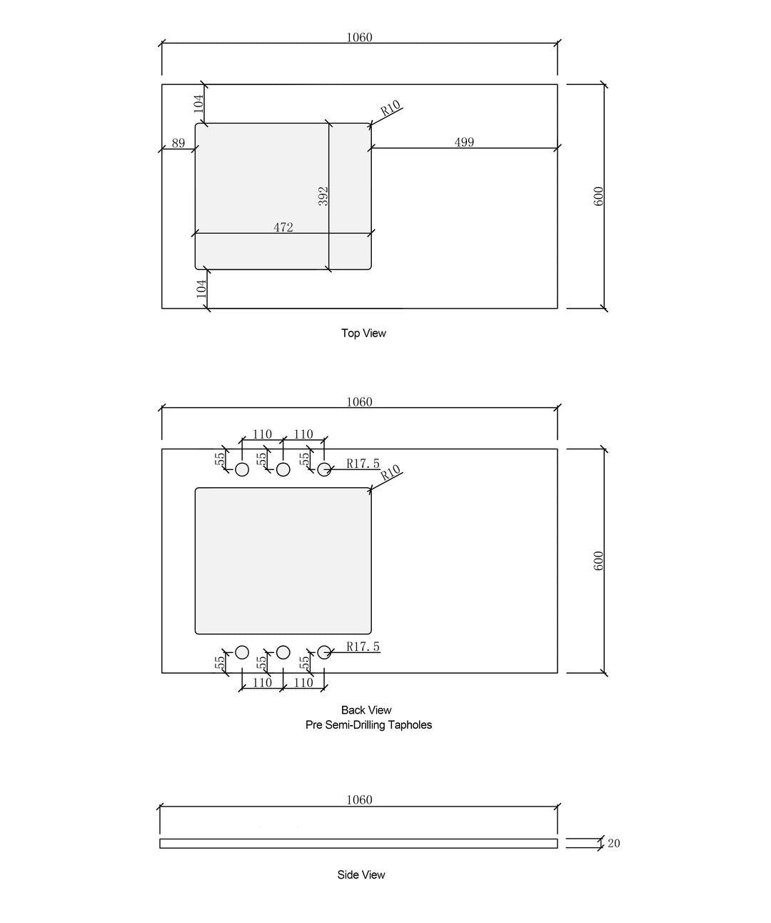 Laundry 1060mm Solid Surface Matte White Top