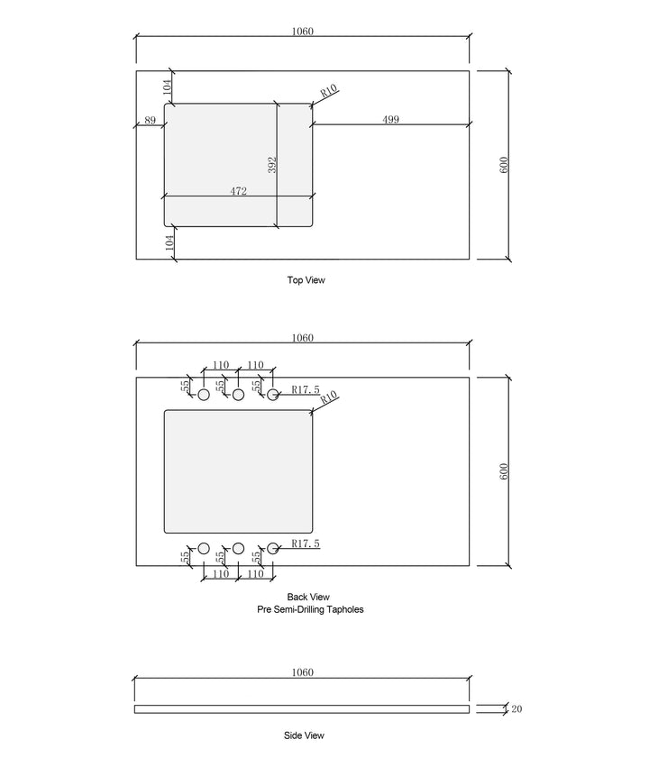 Laundry 1060mm Solid Surface Matte White Top