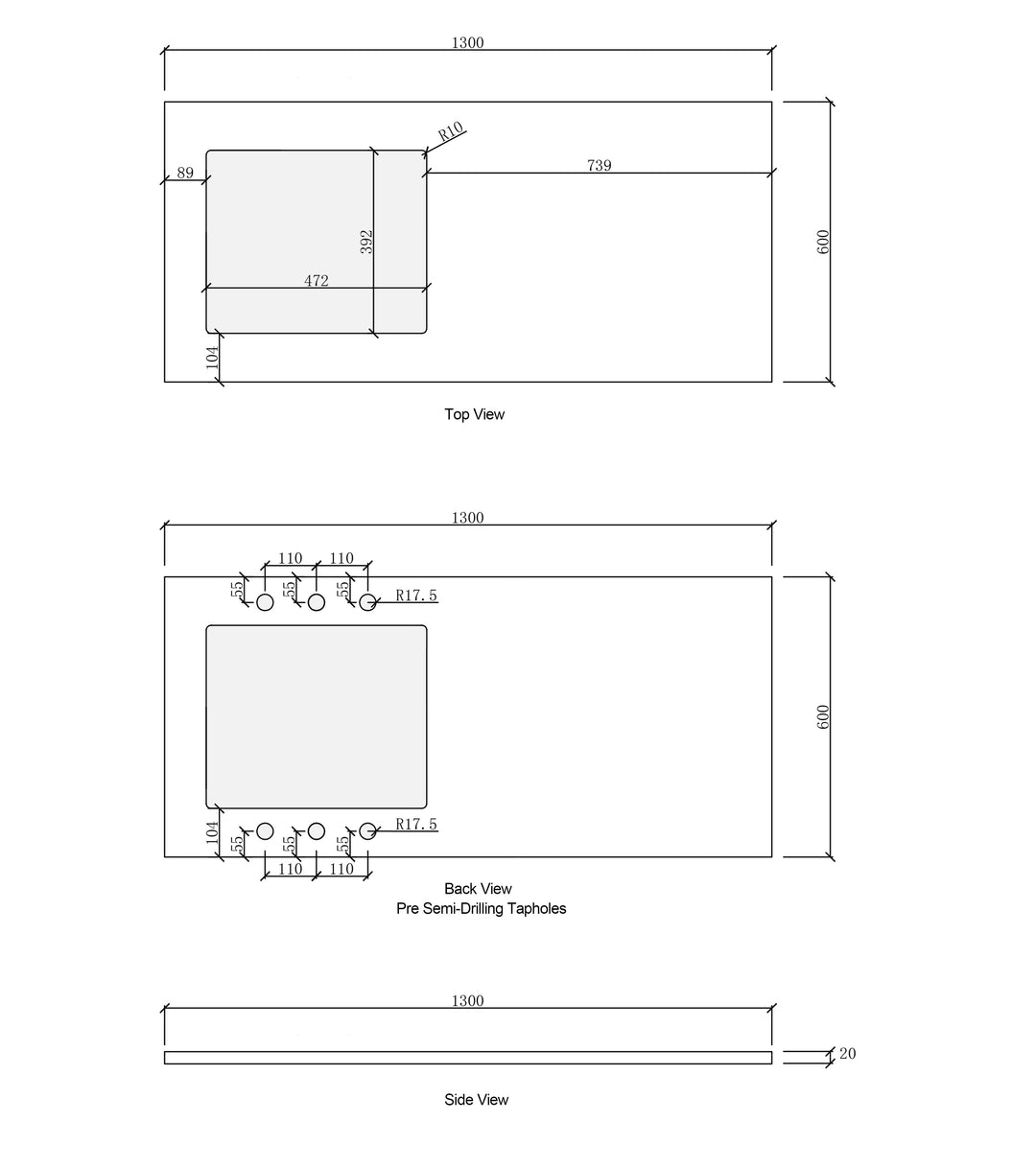 Laundry 1300mm Solid Surface Carrara Top