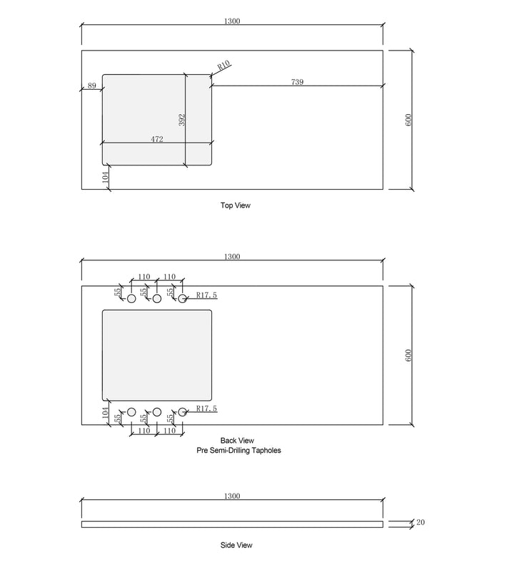Laundry 1300mm Solid Surface Carrara Top