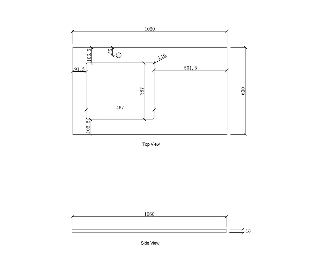 Laundry 1060mm Natural Carrara White Marble Top - Left Bowl 12TH