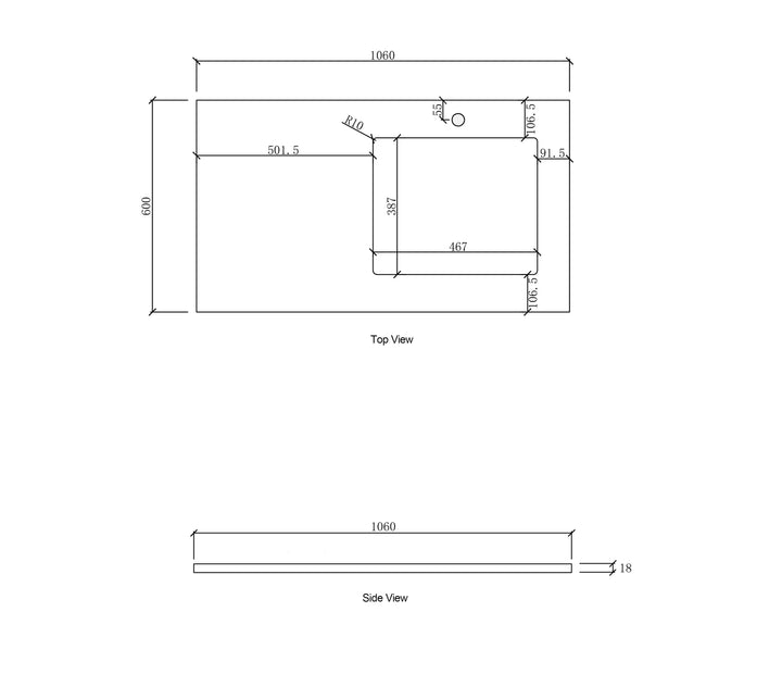 Laundry 1060mm Natural Carrara White Marble Top - Right Bowl 12TH