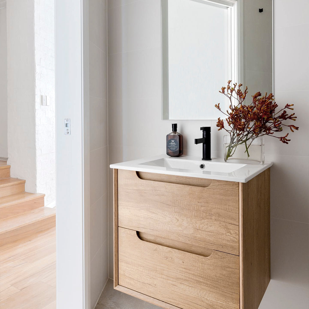 Byron 600mm Natural Oak Wall Hung Vanity with Ceramic Top