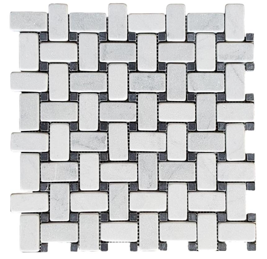 BASKETWEAVE CARRARA TUMBLED + NERO DOT CHIP SIZE 25X48x10 SHEET SIZE 305X305x10 - BASKETWEAVE CARRARA TUMBLED -06