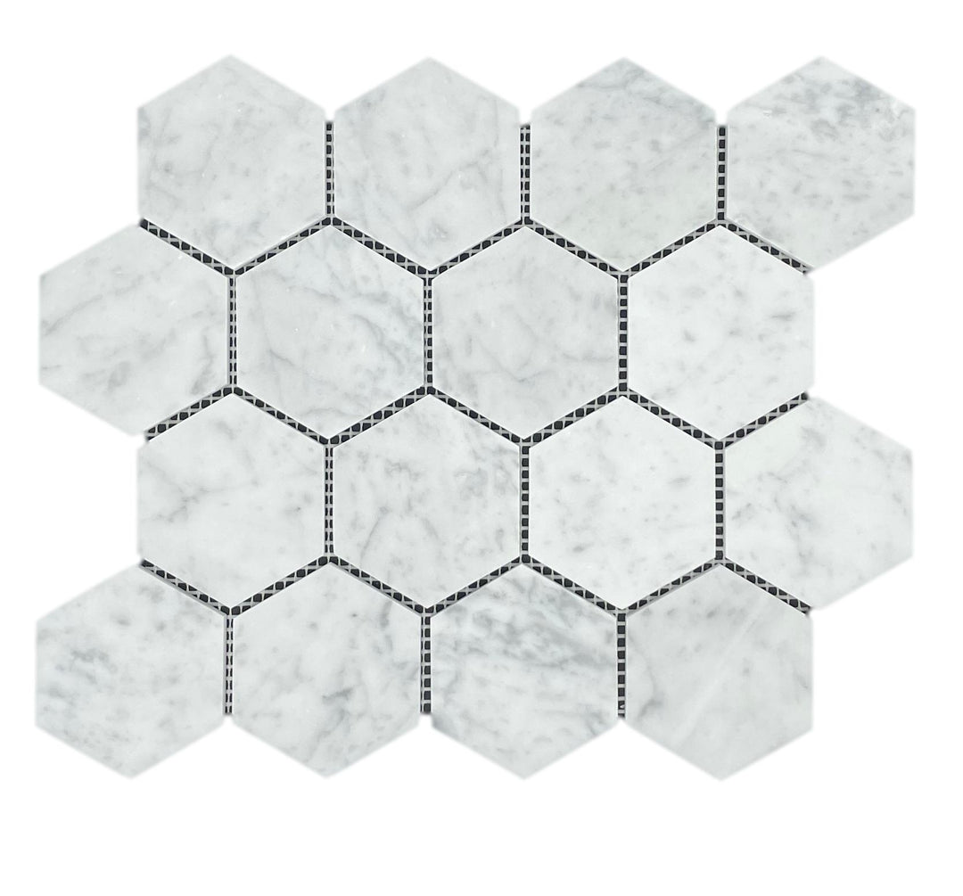 HEXAGON CARRARA HONED CHIP SIZE 70X80X7MM SHEET SIZE 289X250 - 70HEXCARH -01