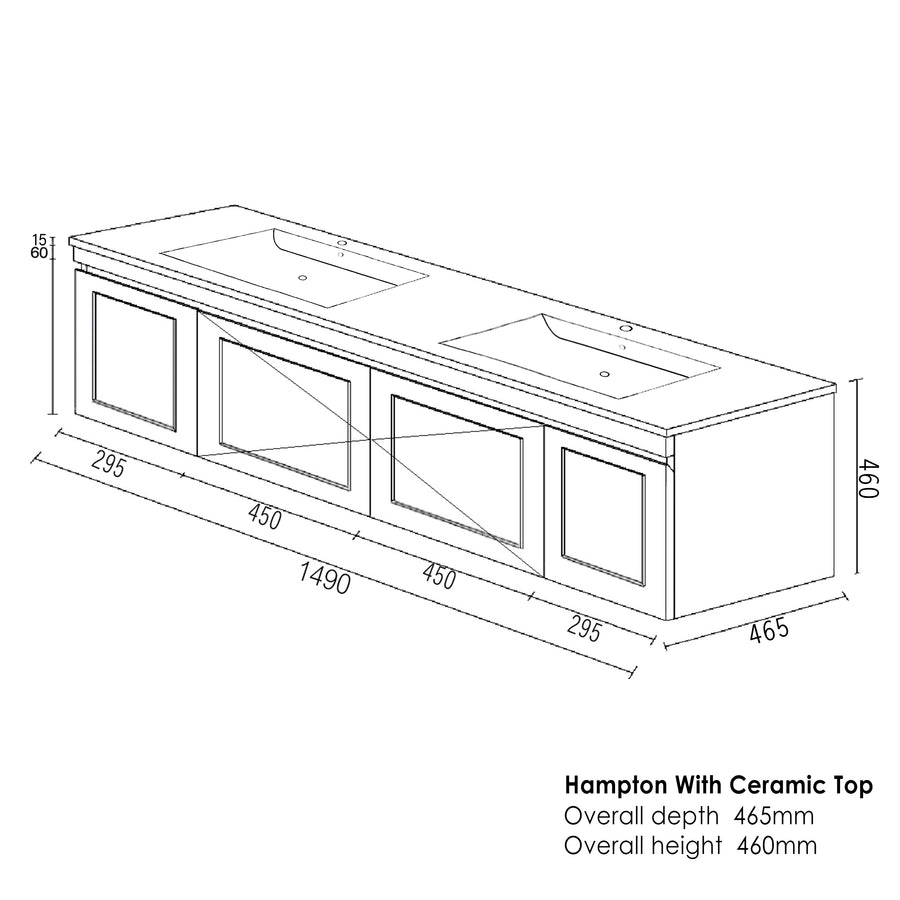 Hampton Mark II 1500mm Satin White Wall Hung Vanity with Ceramic Top