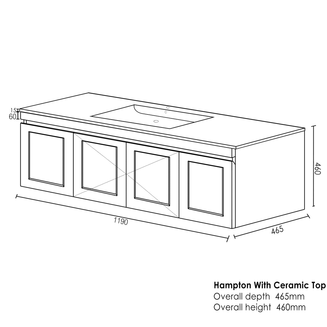 Hampton Mark II 1200mm Satin White Wall Hung Vanity with Ceramic Top