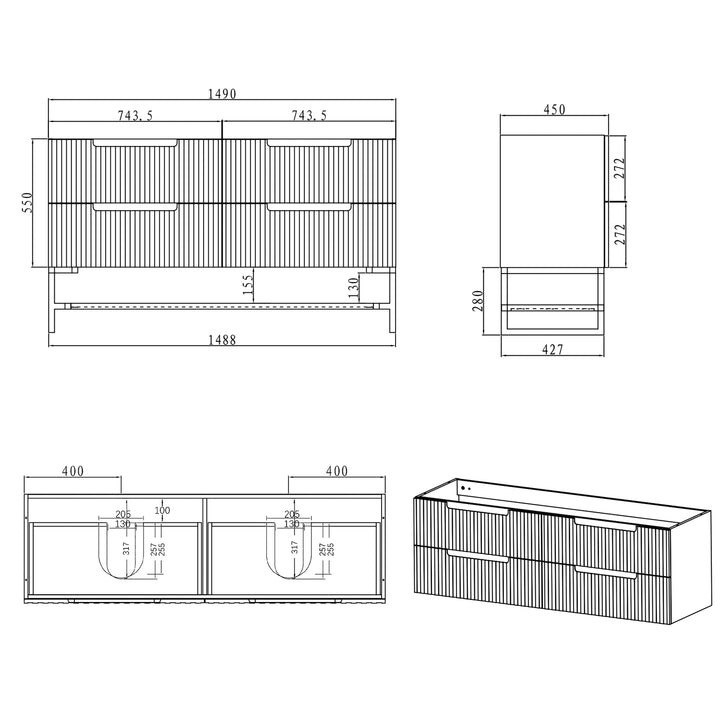 Noosa 1500mm Satin White Wall Hung Cabinet Only