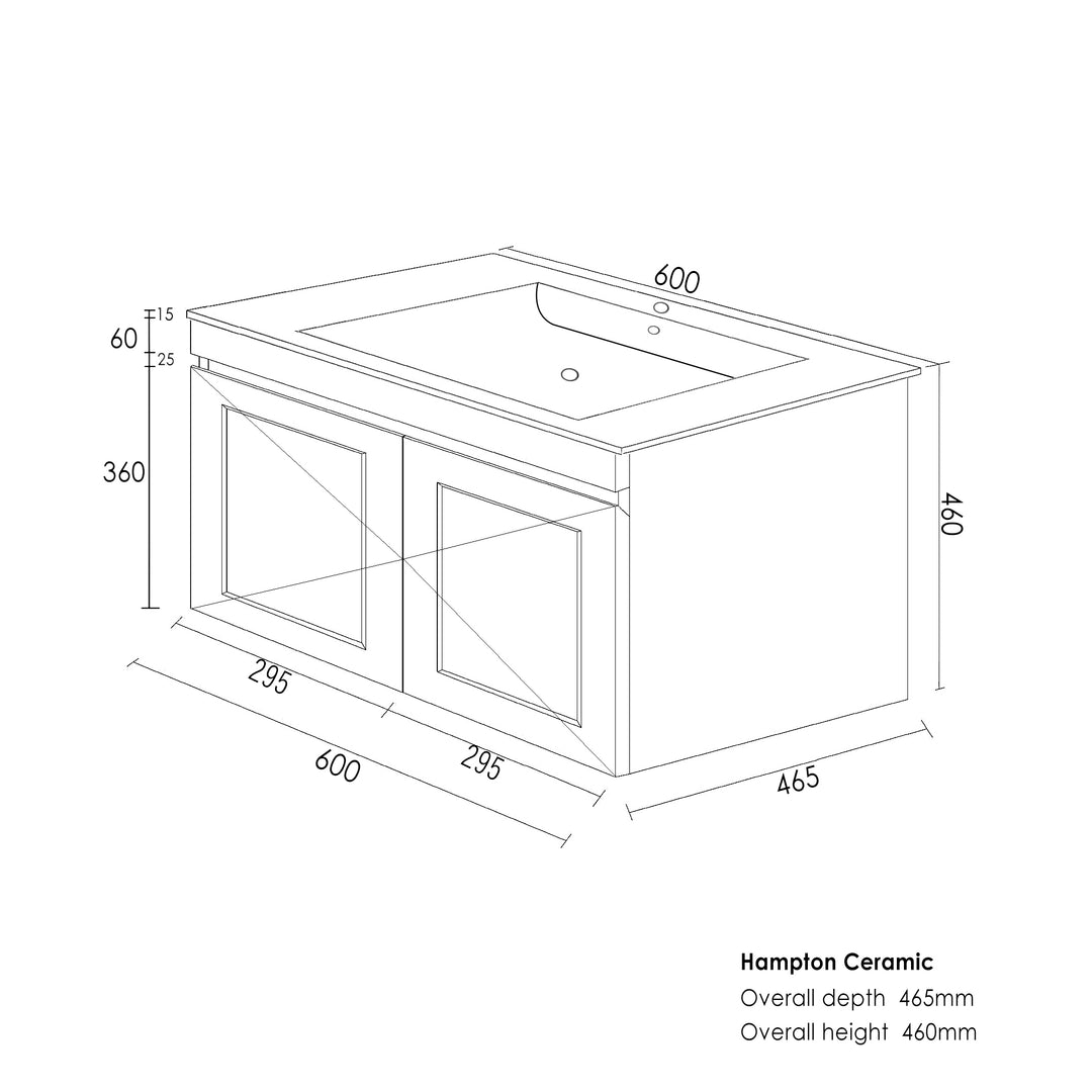 Hampton Mark II 600mm Satin White Wall Hung Vanity with Ceramic Top