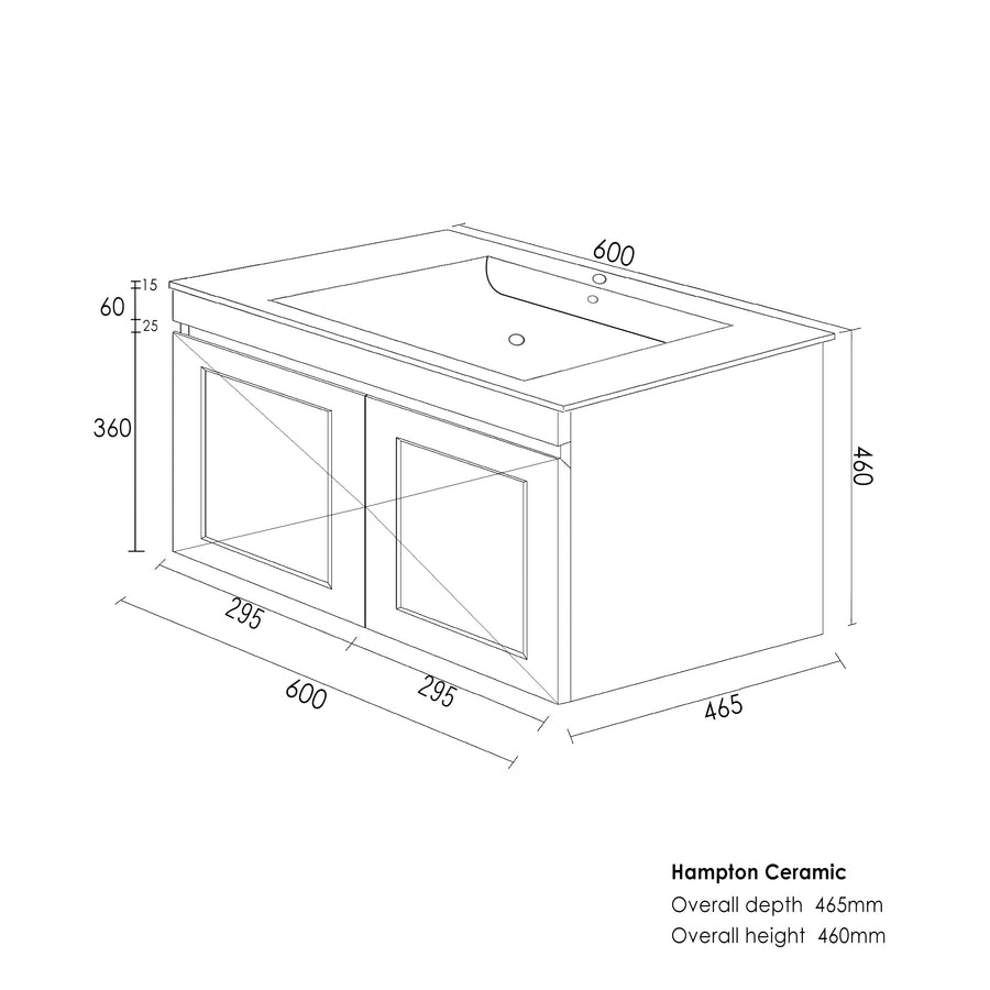 Hampton Mark II 600mm Satin White Wall Hung Vanity with Ceramic Top