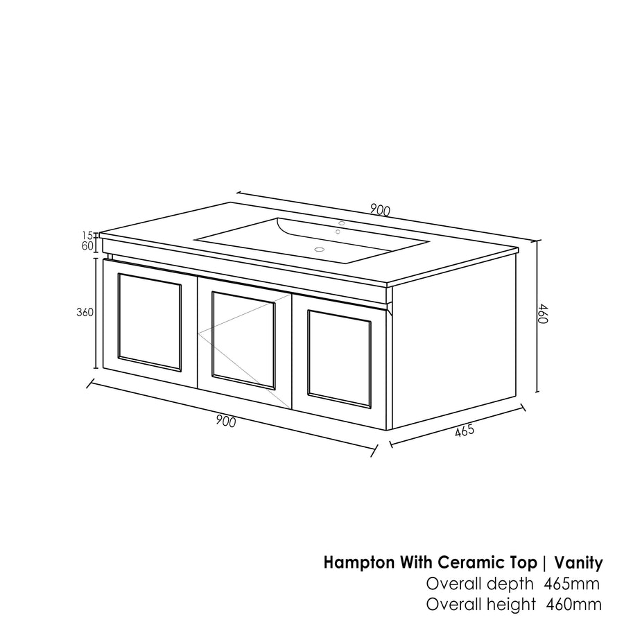 Hampton Mark II 900mm Satin White Wall Hung Vanity with Ceramic Top