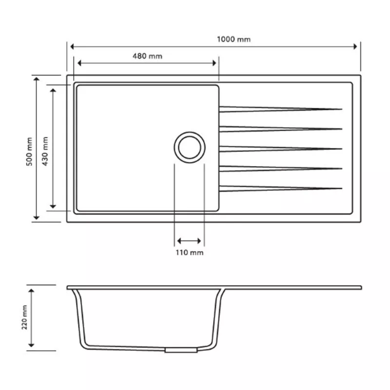 1000 x 500 x 220mm Carysil Vivaldi D100L Single Bowl With Drainer Board Granite Kitchen Sink Top/Flush/Under Mount