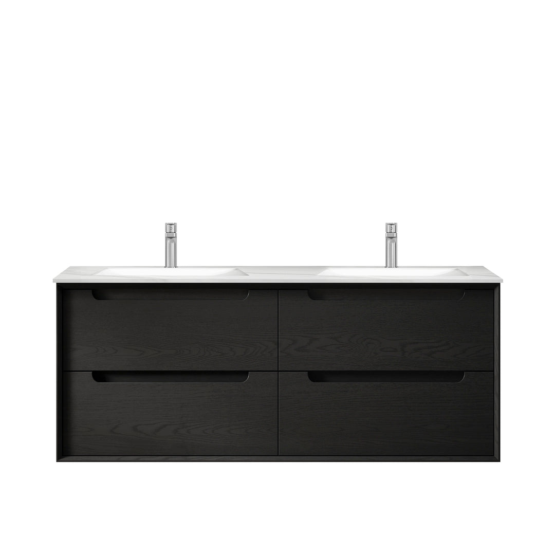 Byron 1200mm Black Oak Wall Hung Vanity with Ceramic Top Double Bowl