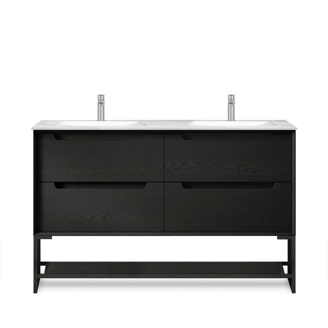 Byron 1200mm Black Oak Wall Hung Vanity with Ceramic Top Double Bowl